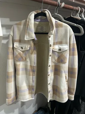 Sage Collective Cream, Beige & Light Lavender Plaid Shacket thumbnail 2