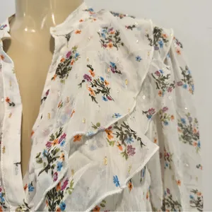 Zara Floral Chiffon Blouse Sz L Sheer Long Sleeves Top Ruffle thumbnail 6
