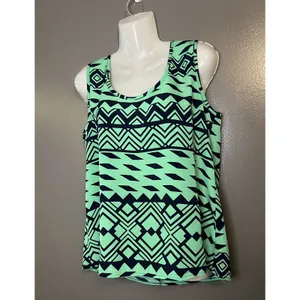 Marianne Tank Top Womens Large Green Black Aztec Geometric Sleeveless Blouse thumbnail 3
