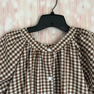 Unbranded Brown Gingham White Plaid Puff Sleeve Hi Lo Hem Button Front Top Sz S thumbnail 2