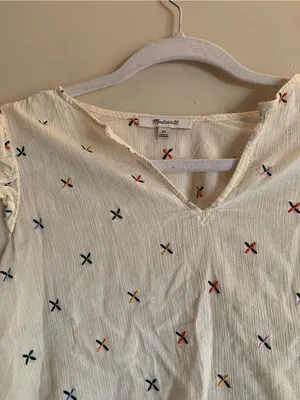 Madewell Cream V-Neck Puff Sleeve Top with Multicolor Cross Stitch Size XS thumbnail 3