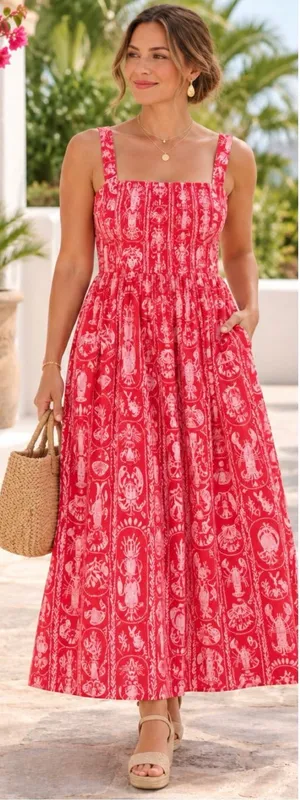 NWOT Crown & Ivy Tropical Red Sea Stripe Cotton Smocked Maxi Dress Petite L🧡🎀 thumbnail 1