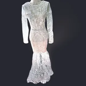 Elegant Ivory White & Nude Embroidered Lace Bohemian Dress With Rhinestone Belt thumbnail 10