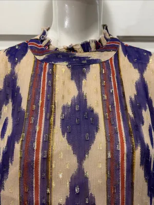 Oliphant Silk & Cotton Purple Ikat Ruffle Hem Long-Sleeve Top Size Large💜 thumbnail 3