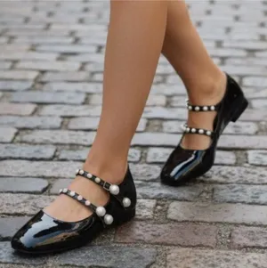 Steve Madden New Black Patent Pearl Embellished Double Strap Mary Jane Ballet Shoes thumbnail 1
