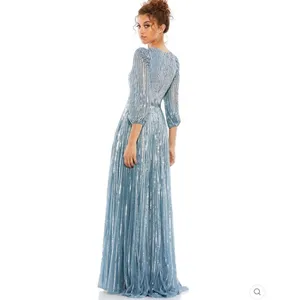 Mac Duggal Size 4 Blue Sequin Wrap Over 3/4 Sleeve Maxi Dress Gown thumbnail 3