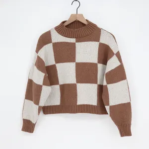 Blu Pepper Brown White Checkerboard Mock Neck Cropped Sweater Womens S thumbnail 2
