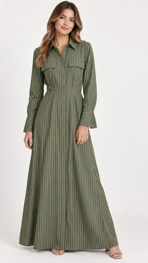ASOS Shirt Dress Olive Green Pinstripe Maxi SZ 0 Safari Scandi Utility Military thumbnail 1