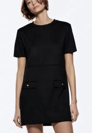 Zara Black faux-suede short-sleeve mini shift dress thumbnail 1