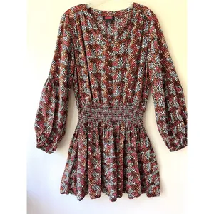 Rock & Roll Cowgirl Sz L Ditsy Floral Print Flowy Mini Dress Rust Copper Smocked Waist‎ thumbnail 2