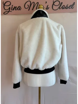 Vigoss Women's Small White Faux Fur Bomber Jacket with Black Trim thumbnail 2