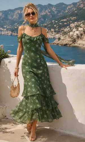 Rihoas Green Floral Ruffled Cold-Shoulder Maxi Dress thumbnail 1