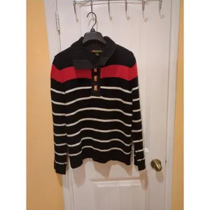 Ralph Lauren LRL Shawl Collar Sweater L Nautical Cotton Black Red Gold Buttons thumbnail 4