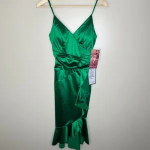 Emerald Sundae Cocktail Dress XS Green Satin Ruffle Flounce Holiday Party V-Neck thumbnail 2