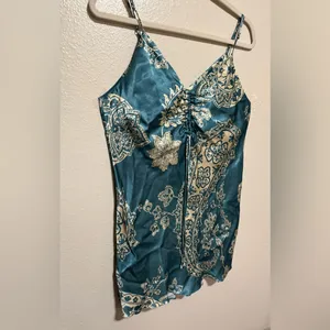 Zara Teal Satin Paisley Ruched Mini Dress Large Adjustable Straps thumbnail 3