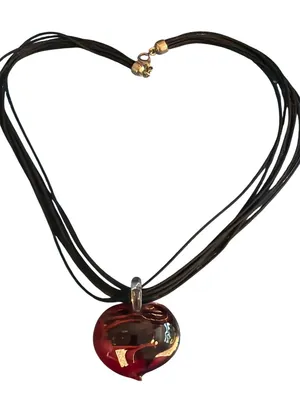 Heart Dichroic Glass Pendant Necklace Black Multi Cord Red Silver Puffy 17" thumbnail 4