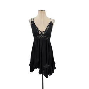 Free People FP One Adella Slip Dress Black Crochet Lace Boho Mini Dress Size S thumbnail 3