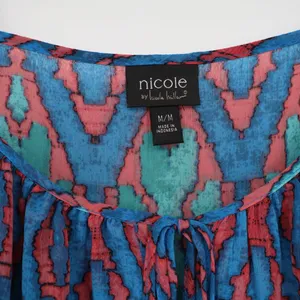 Nicole Miller M Cold Shoulder Tie Neck Blouse Top Geometric Print Blue Pink M thumbnail 3