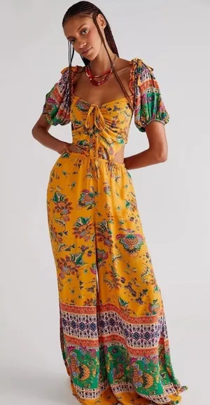 Free People Bali Citrus Skies One Piece Floral Boho Jumpsuit with Tie Front thumbnail 1
