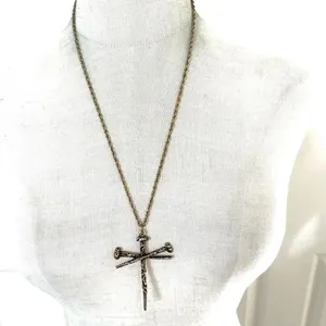 Gold tone Nail Cross pendant Necklace thumbnail 2