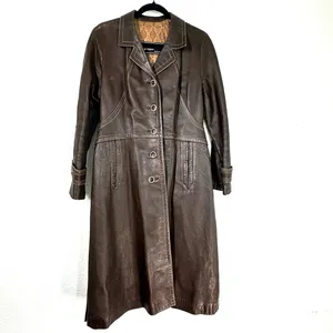 Leda Spain 12 vintage brown leather trench coat jacket long 70's retro thumbnail 2