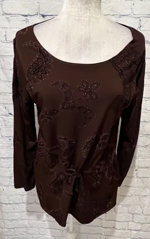 Elementz Brown Tie Waist Long Sleeve Brown Top Textured Stretch Size Large thumbnail 1