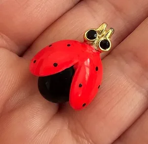 Vintage Red Enamel Ladybug Brooch Pin Black Cabochon Rhinestone Eyes thumbnail 1