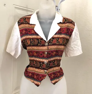 90s Retro Vintage Boho Western Indie Paisley Floral Patchwork Shirt Top Blouse Vest button front tie back short sleeve green red brown black-M Made in USA Measurement in pics thumbnail 1