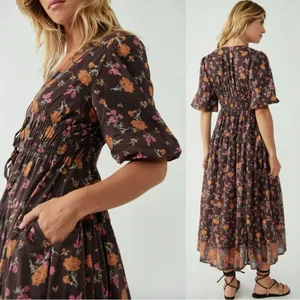 Free People Lysette Maxi Dress Floral Brown Small Bohemian Gypsy Hippie Bells thumbnail 8