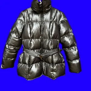 Lauren Ralph Lauren Womens M Gray Silver Belted Down Puffer Jacket Shiny thumbnail 6