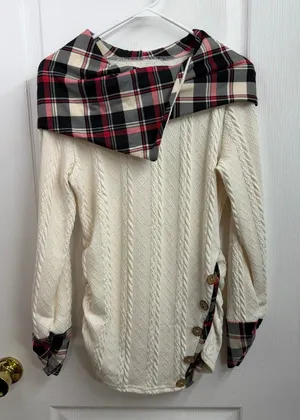 Women's cream cable knit plaid hooded long sleeve stretch soft knit‎ sweater M thumbnail 1