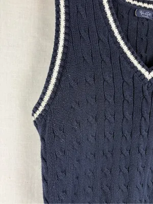 John Galt Navy Blue Cable Knit V-Neck Sweater Vest thumbnail 2