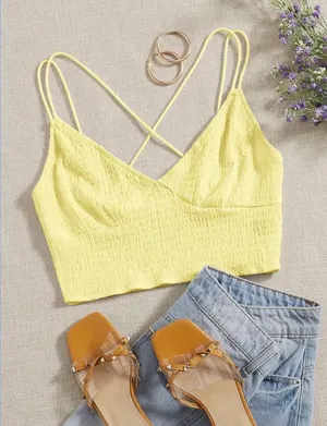 Pastel Yellow Crisscross Back Shirred Cami Top thumbnail 1