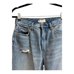 Free People Light Wash Distressed Holey High Waisted Mom Straight Jean Size 30 thumbnail 2