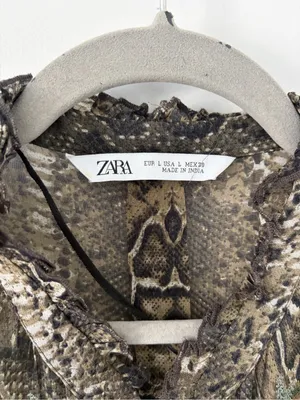 Zara Green Tan Python Snake Print Open Front Tassel Embroidered Blouse Large thumbnail 3