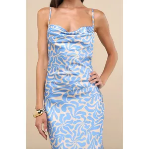 Lulus Midiana Light Blue Abstract Floral Tie Back Midi Dress Party Satin XS NWT thumbnail 2