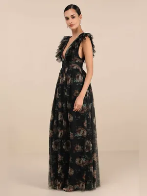 Lulus Simply Delighted Black Floral Mesh Ruffled Backless Maxi Dress Size XXL thumbnail 4