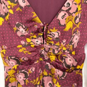 Free People Red Floral Balloon Sleeve Mini Dress Womens 2 Peasant Satin Burgundy thumbnail 6
