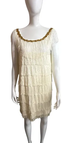 White Sleeveless Flapper-Style Fringe Mini Dress with Gold Sequin Neckline thumbnail 1