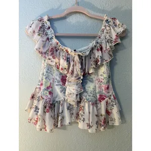 Anthropologie floral off-the-shoulder ruffled mesh top in ivory. thumbnail 5