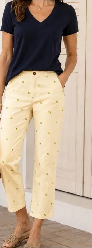 Talbots Relaxed Chino Pants Size 10 Yellow Lemon Embroidered Stretch Cotton thumbnail 1