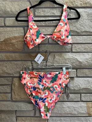 Skatie Bel Air Coral Paradise Print Bikini Top L Salty high rise bottoms xl NWT thumbnail 2