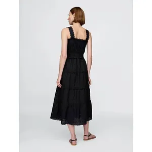 GAP x DOEN Midi Dress Black Cotton Eyelet Tiered Button Front Smocked Waist M thumbnail 2