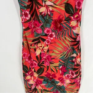 Papaya‎ Coral Green Mesh Tropical Floral Print Spaghetti Strap V-Neck Mini Dress thumbnail 3