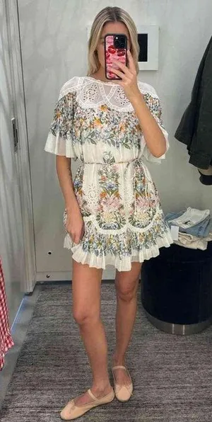Farm Rio Sweet Bloom Dress Small Mini Bouquet Short Sleeve Eyelet Lace Garden thumbnail 6