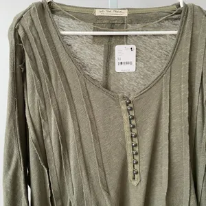We The Free M‎ Green Henley Linen Slub Raw Hem Boho Slouchy Lagenlook NWT thumbnail 2