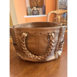 Nordstrom Brown Genuine Leather Tote Shoulder Bag Medium Boho Braided Trim thumbnail 2