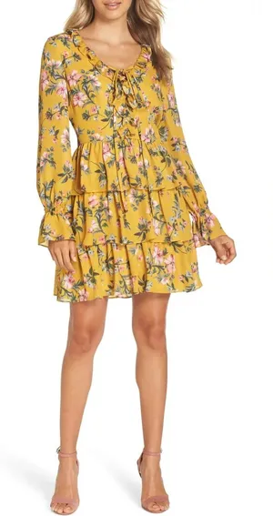 Avec Les Filles Yellow Floral Tiered Mini Dress thumbnail 1