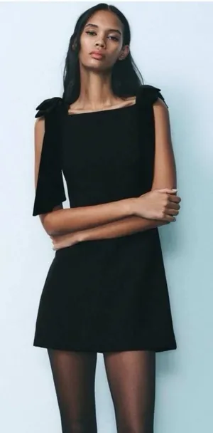 Zara Black Velvet Bow Shoulder Mini Dress Square Neck 9763/072/800 XS Holiday thumbnail 1