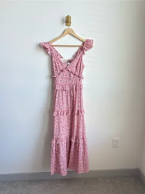 Petal + Pup Aspa Floral Tiered Midi Dress Pink Ruffle Tie Back Cotton Size 4 thumbnail 5